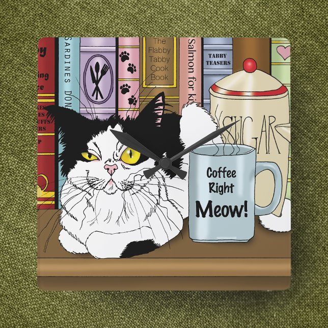 Coffee Tuxedo Cat Funny Fyrkantig Klocka (Skapare uppladdad)