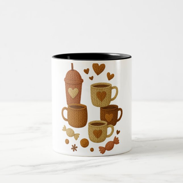 Coffee Valentine Day Love Knitted Hearts Hugs Två-Tonad Mugg (Center)