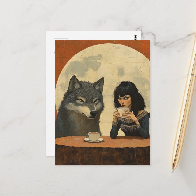 Coffee With the Wolf during a full moon moody Vykort (Fram/Back In Situ)