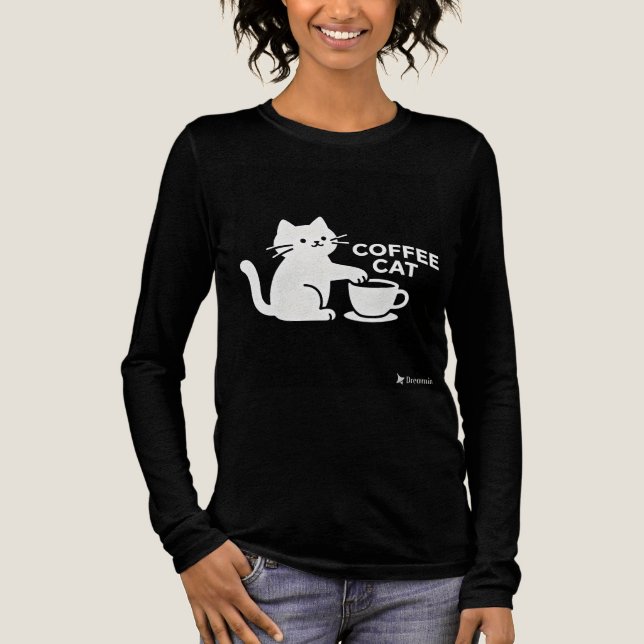 Coffeekatt Söt Kaffe Katt Långärmad T-Shirt (Framsida)
