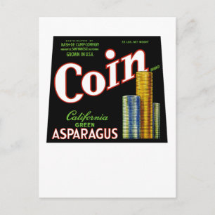 Coin California Asparagus Label Vykort