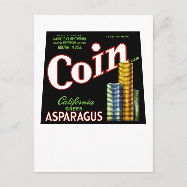 Coin California Asparagus Label Vykort (Framsida)