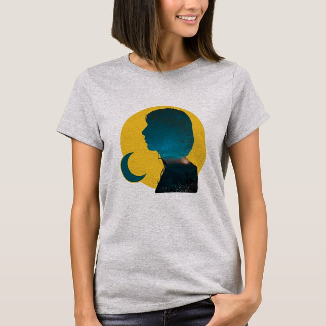Colagem Azul Suave Crepuscular com Figura Feminina T Shirt (Framsida)