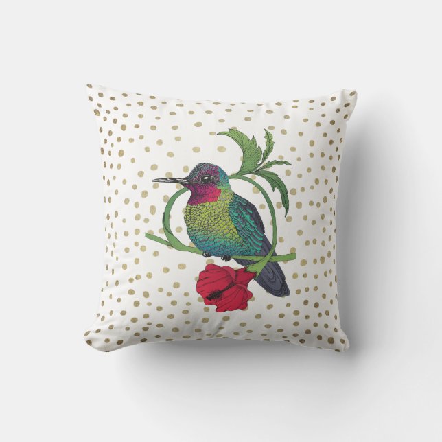 Colibri Bird Illustration Guld Bronze Dots Pillow Kudde (Framsida)
