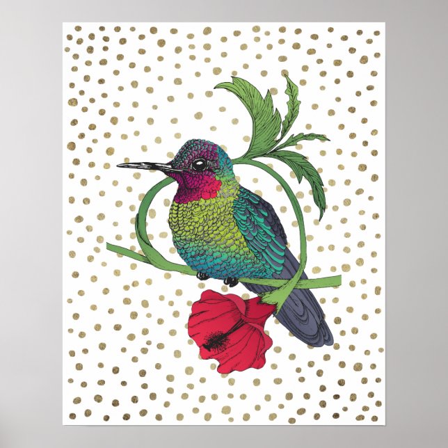 Colibri Bird Illustration Guld Bronze Dots Poster (Framsidan)