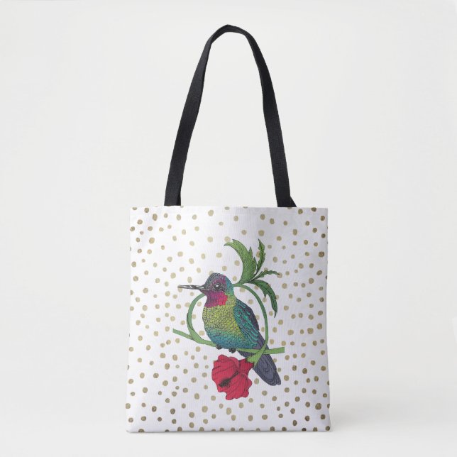 Colibri Bird Illustration Guld Dots Tote Bag Tygkasse (Framsida)
