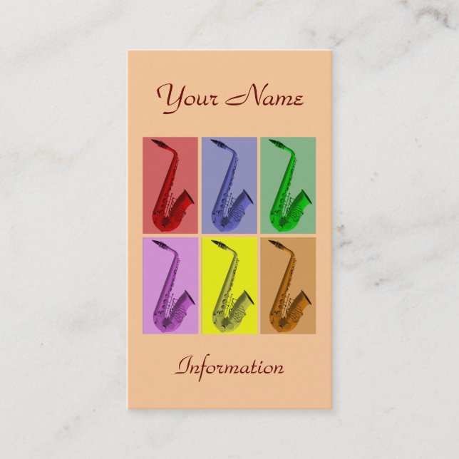 Collage av den färgrika saxofonvisitkorten visitkort (Framsida)