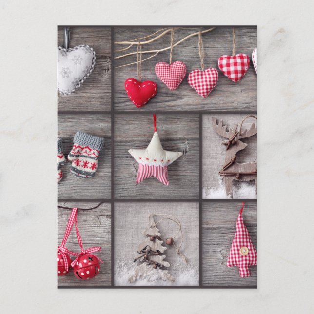 Collage av julfoto över grå färgträ helg vykort (Framsida)