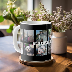 Collage för 12 foto med svart bakgrund kaffemugg