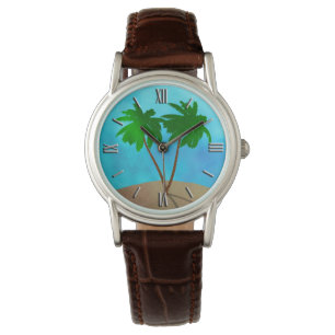 Collage för plats för vattenfärgpalmträdstrand armbandsur