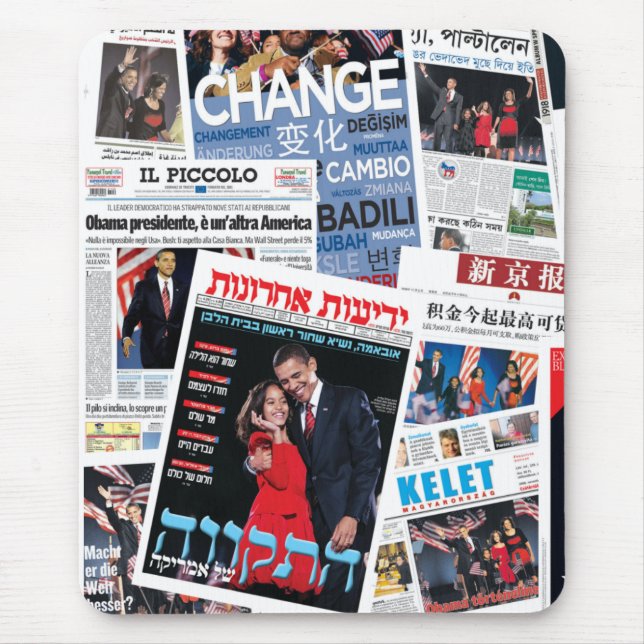 Collage för rubrik för Obama seger internationell Musmatta (Framsidan)