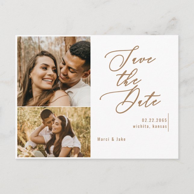 Collage Foto Guld Text Bröllop Spara Datum Vykort (Framsida)
