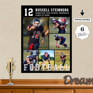 Collage med 6 bilder för High School Football Seni Poster