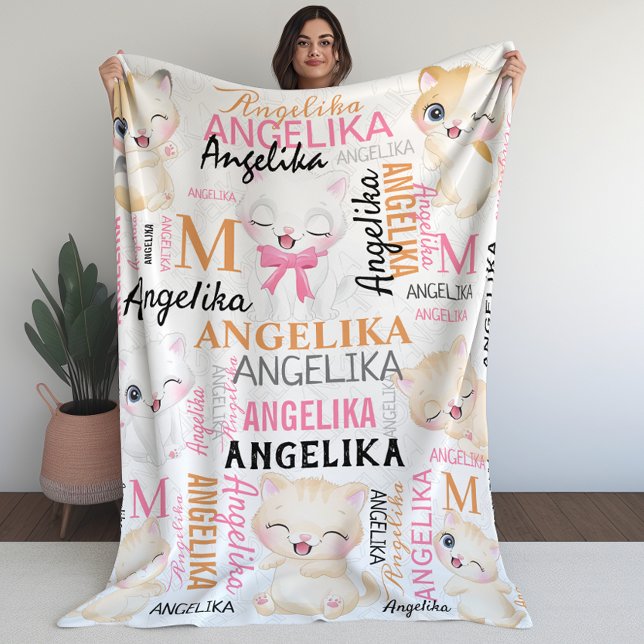 Collage Namn Cute Kitten med Namn Mönster Fleecefilt (Collage Name Cute Kitten with Name Pattern Fleece Blanket)