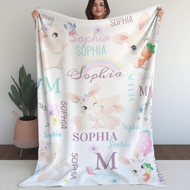Collage Namn Watercolor Bunnies Fleecefilt (Collage Name Watercolor Bunnies Fleece Blanket)
