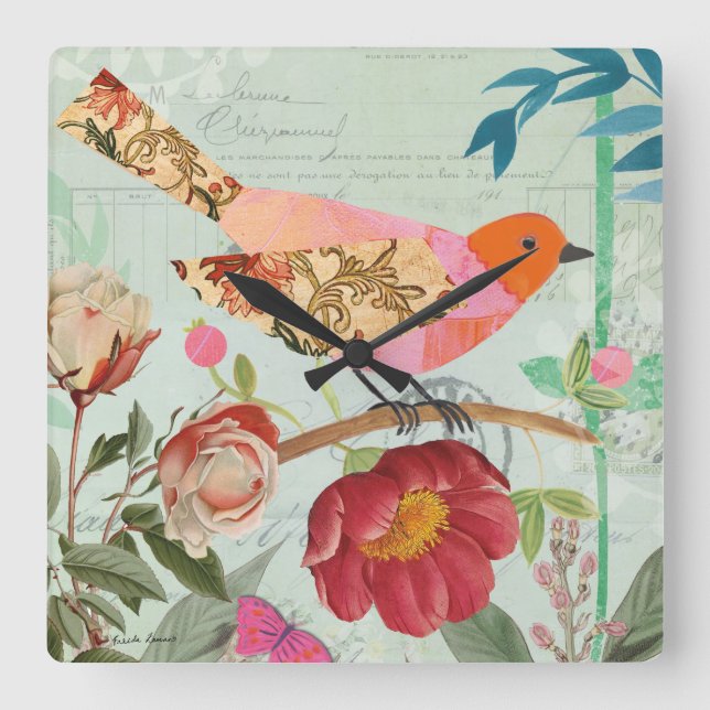 Collage-Stil Songbird Fyrkantig Klocka (Framsida)