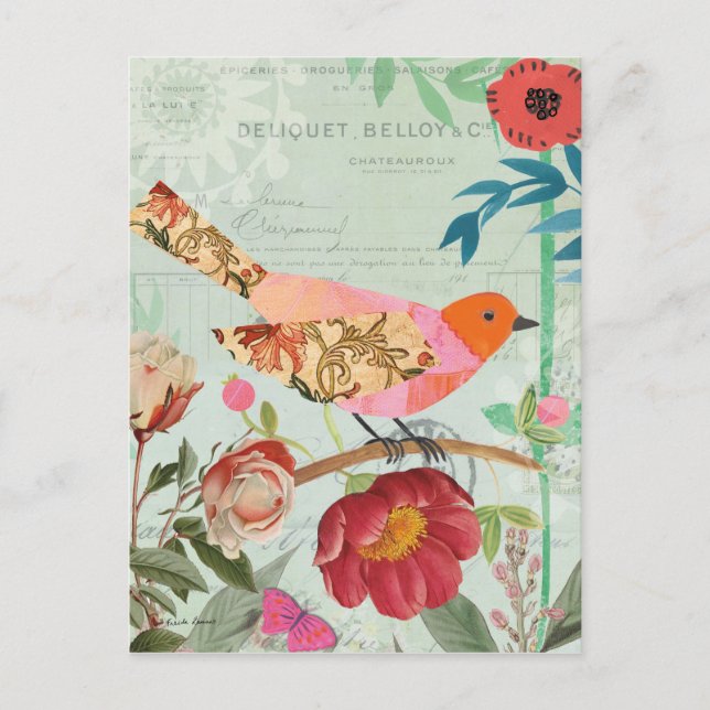 Collage-Stil Songbird Vykort (Framsida)