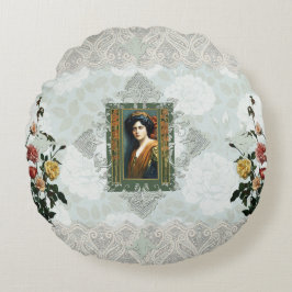 Collage vintage Retro med snöre och blommor Rund Kudde