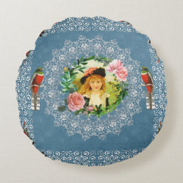 Collage vintage Retro med snöre och blommor Rund Kudde