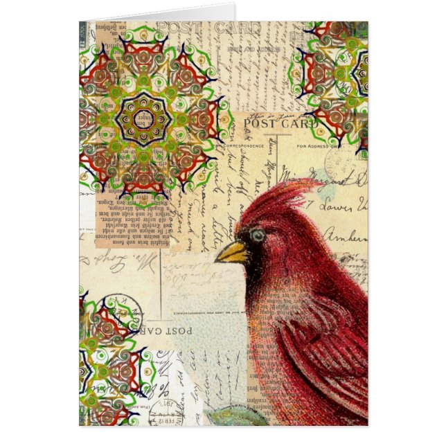 Collaged gammala brev och vykort med fågeln hälsningskort (Framsidan)