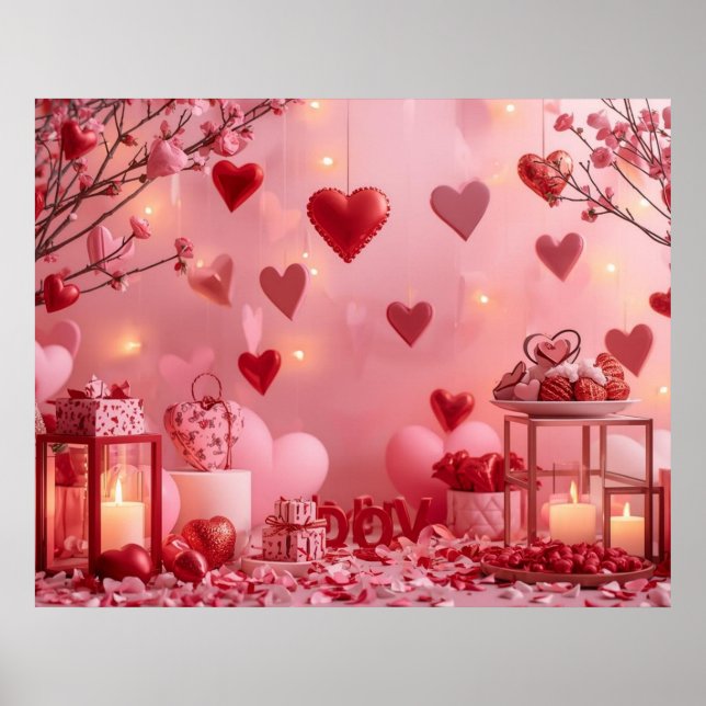 Collection of Pink and Red Hearts on a Modern Wall Poster (Framsidan)