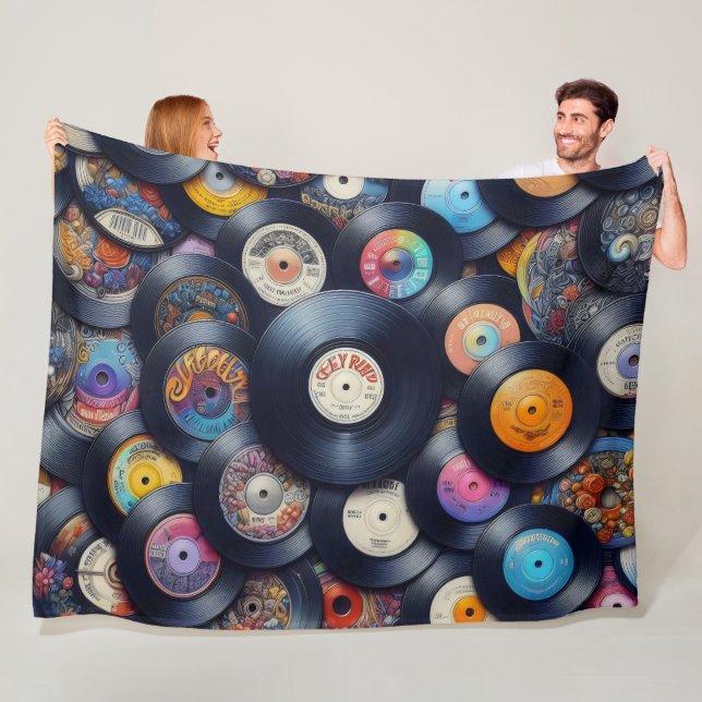Collection Vinyl Record Pattern 80s Retro Spectrum Fleecefilt (På plats)