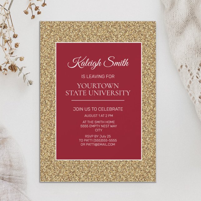 College-fest elegant guldglitter röd inbjudningar (Elegant red and gold graduation trunk party invitation)