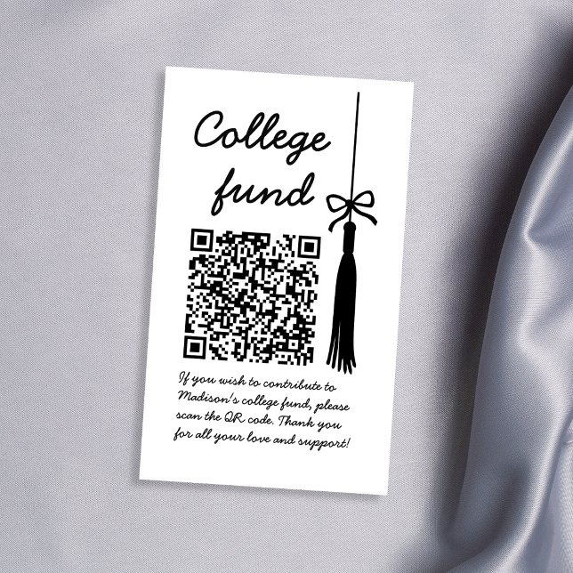 College Fund Svart & Vitt Gåva Qr Kod Examen Tilläggskort (College Fund Black & White Gift Qr Code Graduation Enclosure Card)