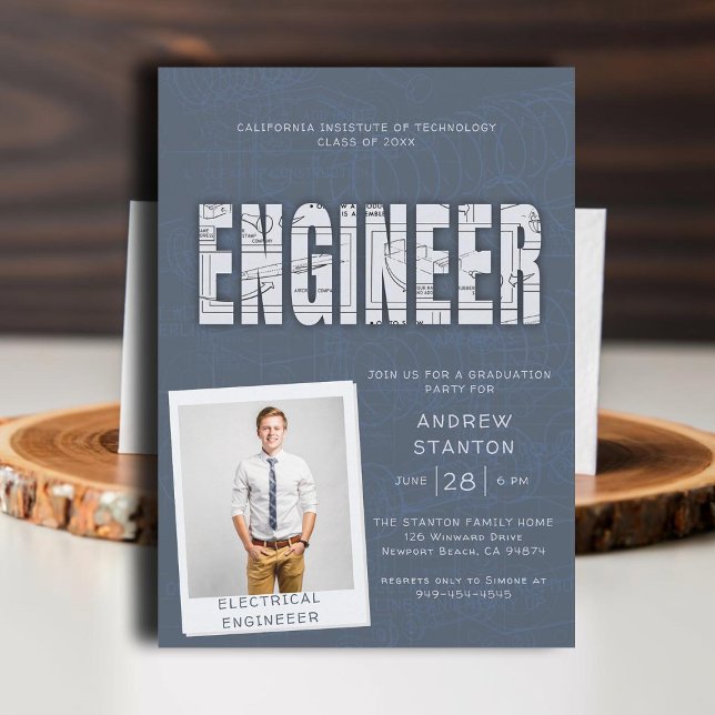 College Graduation Party Ingenjör Technology Grått Inbjudningar (college grad engineering engineer graduation ceremony party invitation gray blue technical science)