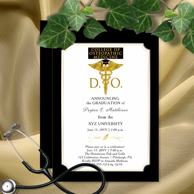College of Osteopathic Medicine DO Läkare examen  Inbjudningar (Elegant College of Osteopathic Medicine "D.O." Physician Graduation Invitation - Print | Download)