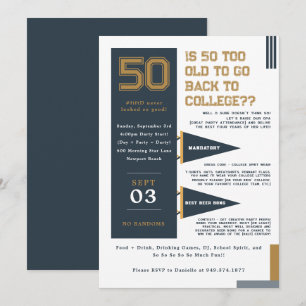 College Pennants   Blått och Guld 50:e födelsedage Inbjudningar