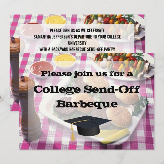 College Send-off Party BBQ Burgers Rosa Tablecloth Inbjudningar (Fram/baksida)