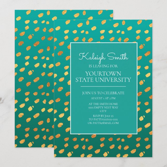 College Trunk Party Modern Grönt Teal Guld Inbjudningar (Fram/baksida)