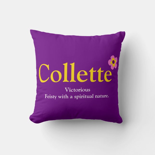 Collette namn betyder blommor lila rosa gult kudde (Framsida)