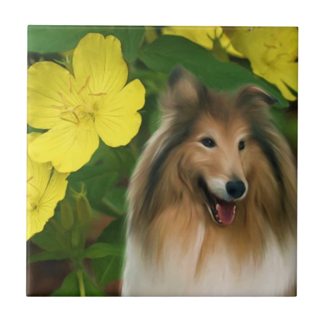 Collie and Flowers Hund Art Kakelplatta (Framsidan)