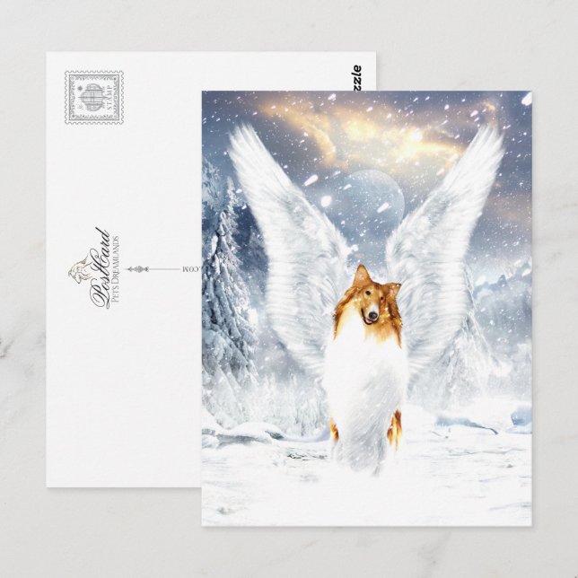 Collie Angel i snövinter liggande Vykort (Fram/baksida)