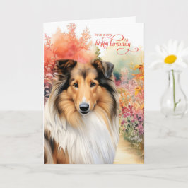 Collie Dog Birthday Wishes Flower Garden Kort
