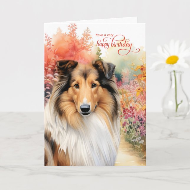 Collie Dog Birthday Wishes Flower Garden Kort (Liten växt)