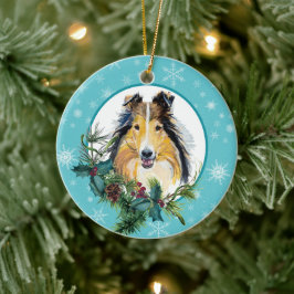 Collie Evergreen Blue Snowflake Gräns Julgransprydnad Keramik