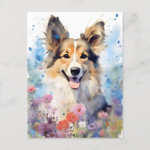 Collie färgrik akvarell konstverk vykort