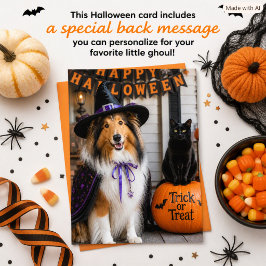 Collie häxa och svart katt Halloween för barn Julkort