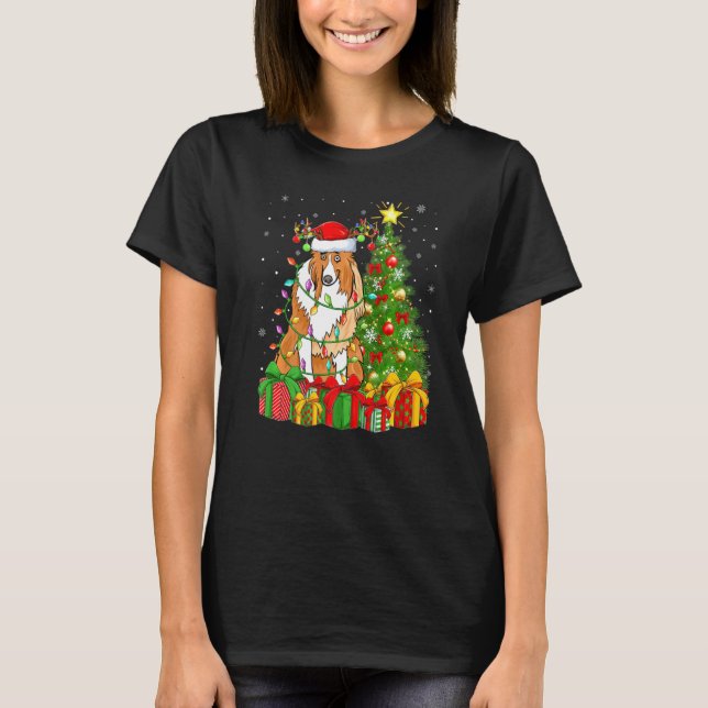 Collie Hund Lighting Julafton Träd Santa Hat Colli T Shirt (Framsida)
