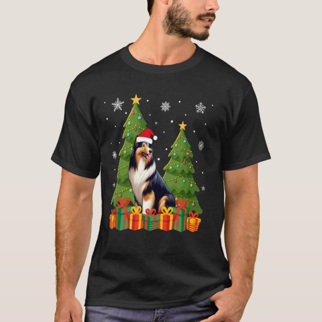 Collie Hund Träd Ljus Santa Hat Ugly Christm T Shirt (Framsida)