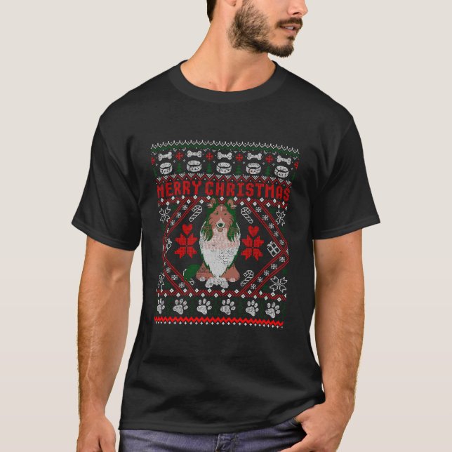Collie Hund Ugly Sweater Funny Gift T Shirt (Framsida)