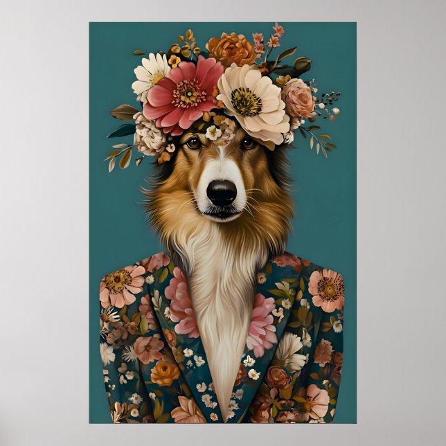 Collie i kostymaffisch, Collieporträtt, Collie Olj Poster (Framsidan)