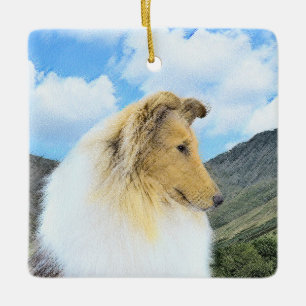Collie in Mountains (Rough) Painting (Konst) - Hun Julgransprydnad Keramik