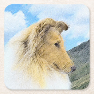 Collie in Mountains (Rough) Painting (Konst) - Hun Underlägg Papper Kvadrat