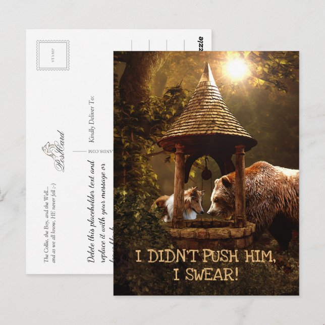 Collie, pojken och brunnen. vykort (Fram/baksida)