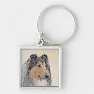 Collie (rough) Painting (grov) - Cute Original Hun Fyrkantig Silverfärgad Nyckelring