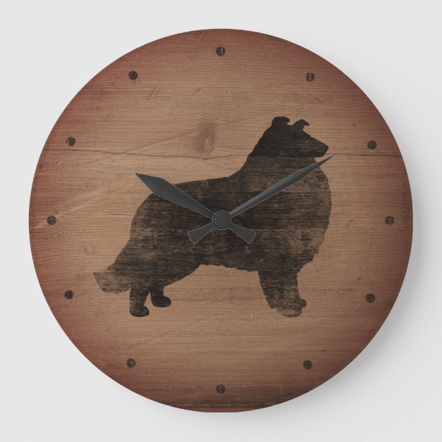 Collie Silhouette Rustic Stil Stor Klocka (Framsida)